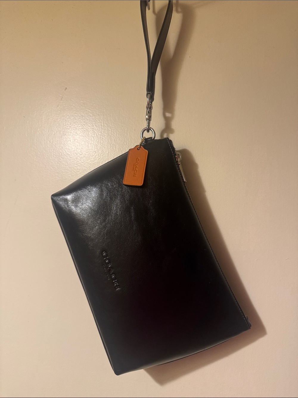 Coach Black Leather Wristlet with Tan Tag